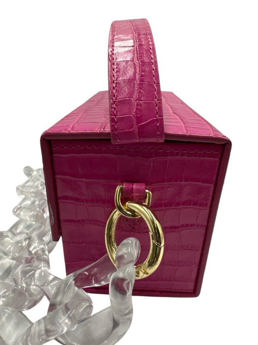 L' Afshar Fuchsia Pink Leather Croc Embossed Chain Link Minaudiere Bag Fuchsia Pink / XS