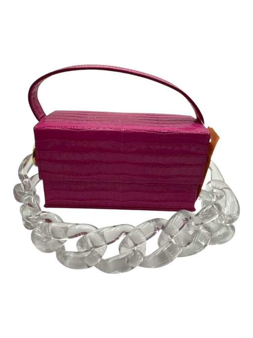 L' Afshar Fuchsia Pink Leather Croc Embossed Chain Link Minaudiere Bag Fuchsia Pink / XS