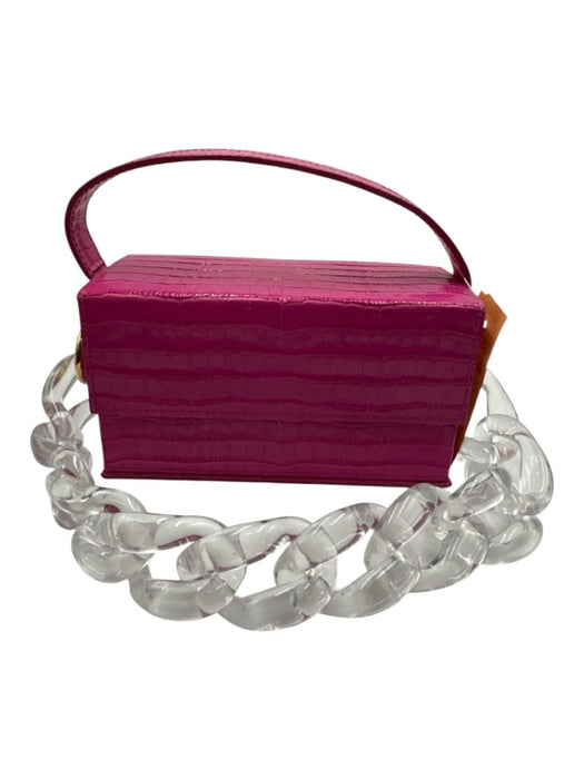 L' Afshar Fuchsia Pink Leather Croc Embossed Chain Link Minaudiere Bag Fuchsia Pink / XS