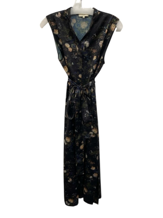 Vince Size M Black, Green, Multi Polyester Satin Sleeveless Floral Print Dress Black, Green, Multi / M