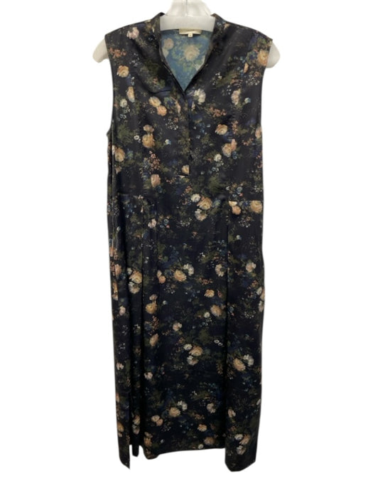 Vince Size M Black, Green, Multi Polyester Satin Sleeveless Floral Print Dress Black, Green, Multi / M