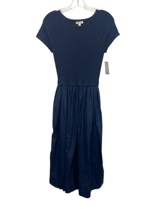 Ann Mashburn Size M Navy Cotton Blend Crew Neck Ribbed Tiered Pleat Detail Dress Navy / M