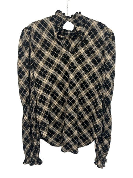 Veronica Beard Size 4 Black & Beige Cotton Blend Elastic Mock Neck Plaid Top Black & Beige / 4