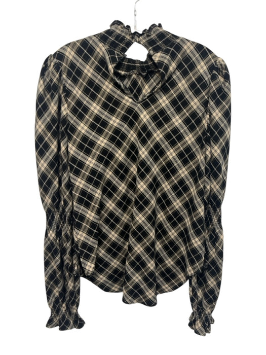 Veronica Beard Size 4 Black & Beige Cotton Blend Elastic Mock Neck Plaid Top Black & Beige / 4