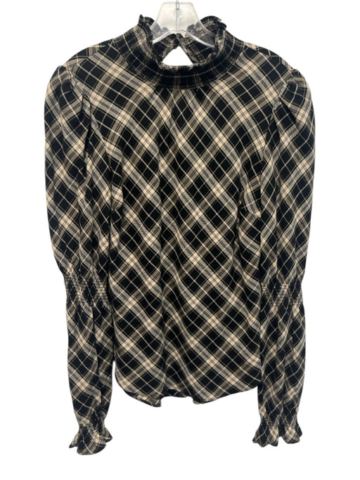 Veronica Beard Size 4 Black & Beige Cotton Blend Elastic Mock Neck Plaid Top Black & Beige / 4