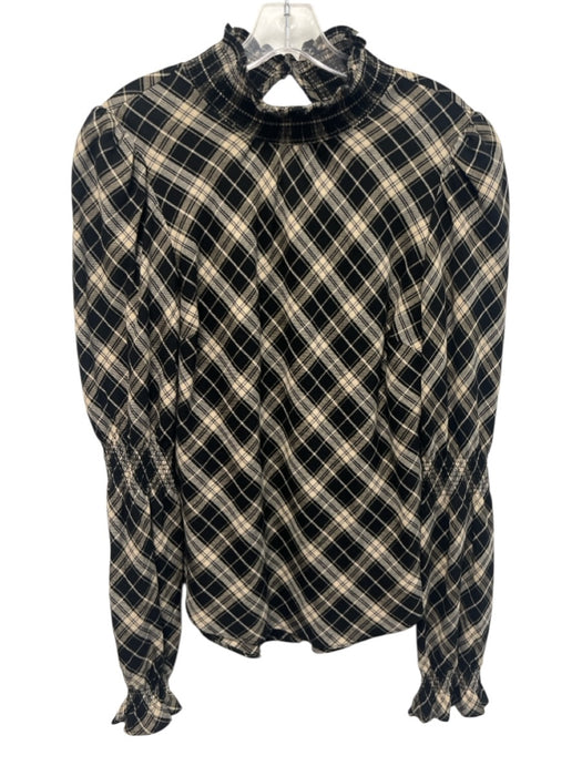 Veronica Beard Size 4 Black & Beige Cotton Blend Elastic Mock Neck Plaid Top Black & Beige / 4