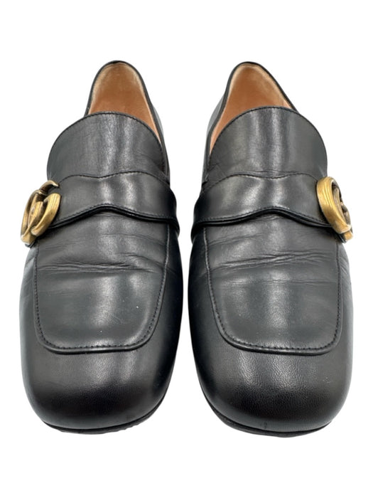 Gucci Shoe Size 39 Black Leather Gold hardware Stacked Heel Logo Loafers Black / 39