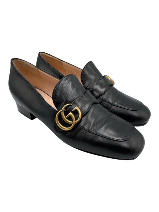 Gucci Shoe Size 39 Black Leather Gold hardware Stacked Heel Logo Loafers Black / 39
