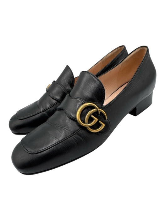 Gucci Shoe Size 39 Black Leather Gold hardware Stacked Heel Logo Loafers Black / 39