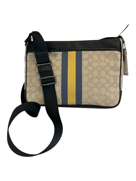 Coach Yellow, Navy, Beige Canvas & Leather Zip Close Monogram Messenger Bag Yellow, Navy, Beige / Medium