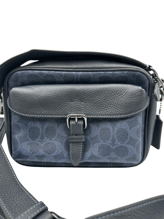 Coach Navy Blue Leather Coated Canvas Monogram Zip Close Crossbody Strap Bag Navy Blue / Small