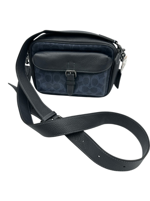 Coach Navy Blue Leather Coated Canvas Monogram Zip Close Crossbody Strap Bag Navy Blue / Small