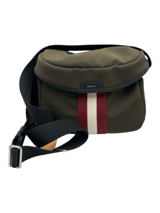 Bally Dark Olive Nylon & Leather Crossbody Drawstring Stripe Bag Dark Olive / M