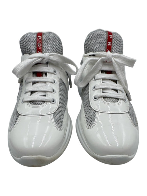 Prada Shoe Size 38.5 White & Gray Patent Leather Lace Up Mesh Shine Sneakers White & Gray / 38.5