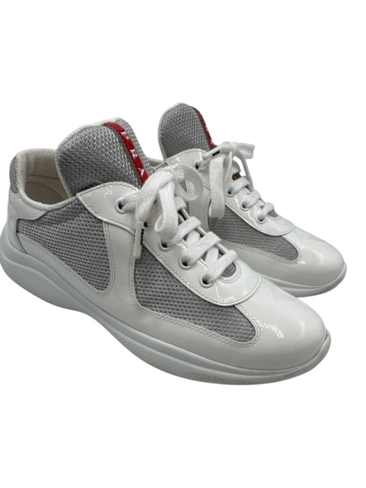 Prada Shoe Size 38.5 White & Gray Patent Leather Lace Up Mesh Shine Sneakers White & Gray / 38.5