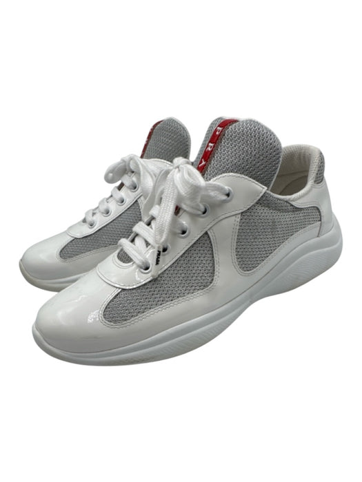 Prada Shoe Size 38.5 White & Gray Patent Leather Lace Up Mesh Shine Sneakers White & Gray / 38.5