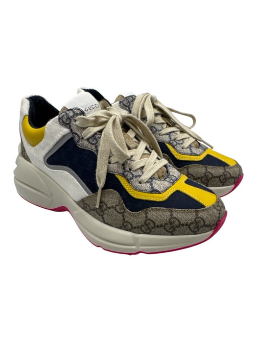 Gucci Shoe Size 6 Brown, Navy, White Leather & Synthetic Lace Up Sneakers Brown, Navy, White / 6