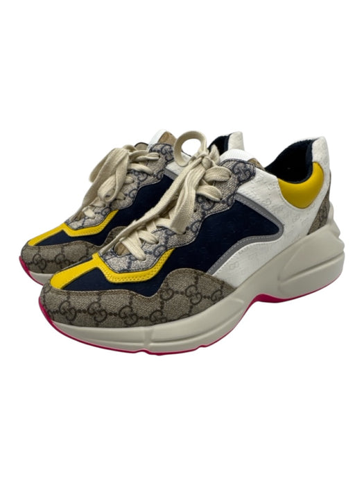 Gucci Shoe Size 6 Brown, Navy, White Leather & Synthetic Lace Up Sneakers Brown, Navy, White / 6