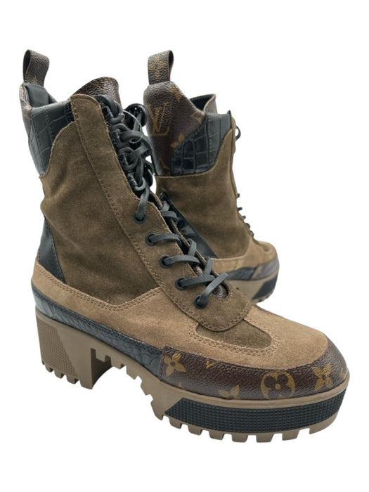 Louis Vuitton Shoe Size 37 Brown Leather & Coated Canvas Monogram Detail Boots Brown / 37
