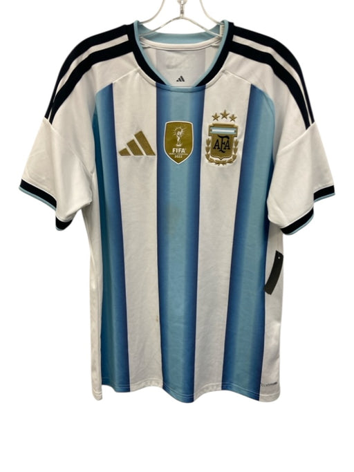 Adidas Size L Blue & White Synthetic Striped Athletic Soccer Men's Short Sleeve Blue & White / L