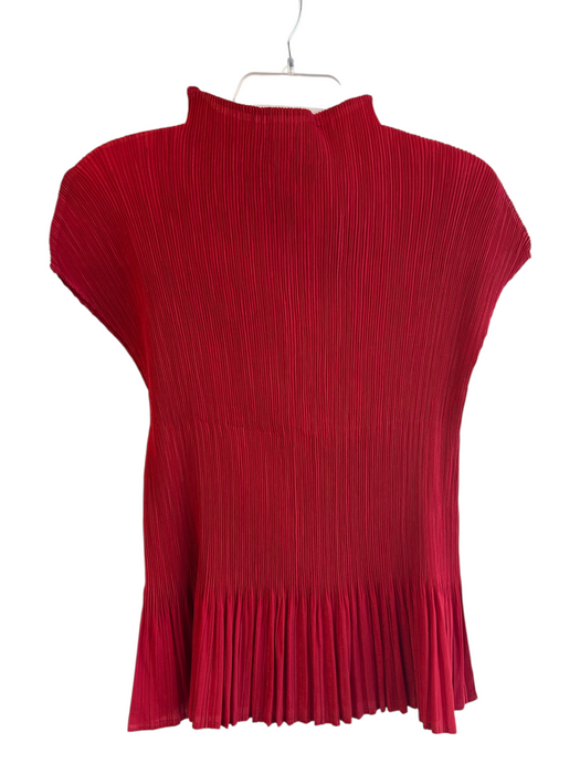 Limited Size One Size Red Polyester Mock Neck Cap Sleeve Micropleat Crinkle Top Red / One Size