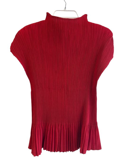 Limited Size One Size Red Polyester Mock Neck Cap Sleeve Micropleat Crinkle Top Red / One Size