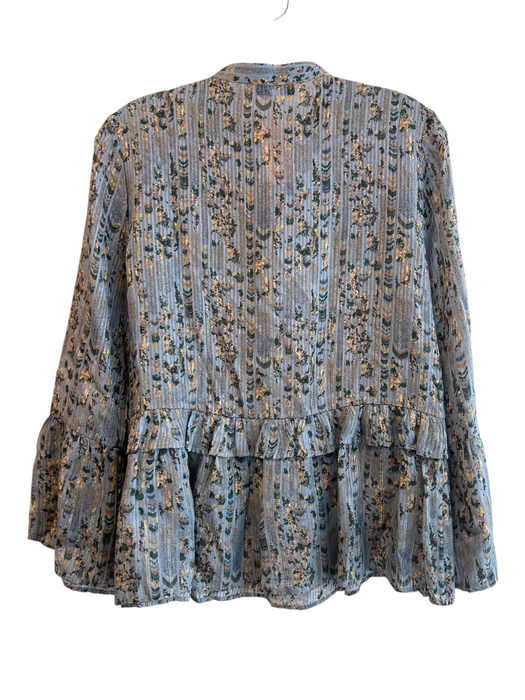 Reiss Size 4 Blue & Green Viscose Collarless Button Down Ruffle Accent Top Blue & Green / 4