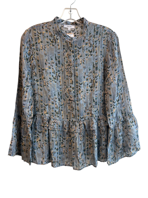 Reiss Size 4 Blue & Green Viscose Collarless Button Down Ruffle Accent Top Blue & Green / 4