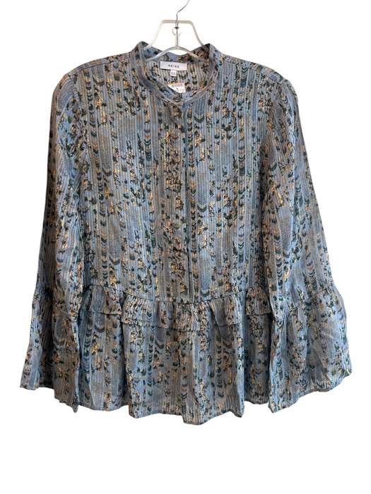 Reiss Size 4 Blue & Green Viscose Collarless Button Down Ruffle Accent Top Blue & Green / 4