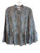 Reiss Size 4 Blue & Green Viscose Collarless Button Down Ruffle Accent Top Blue & Green / 4