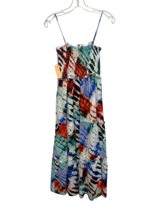 Hunter Bell Size M White & Multi Cotton Tie Dye Spaghetti Strap Tiered Dress White & Multi / M