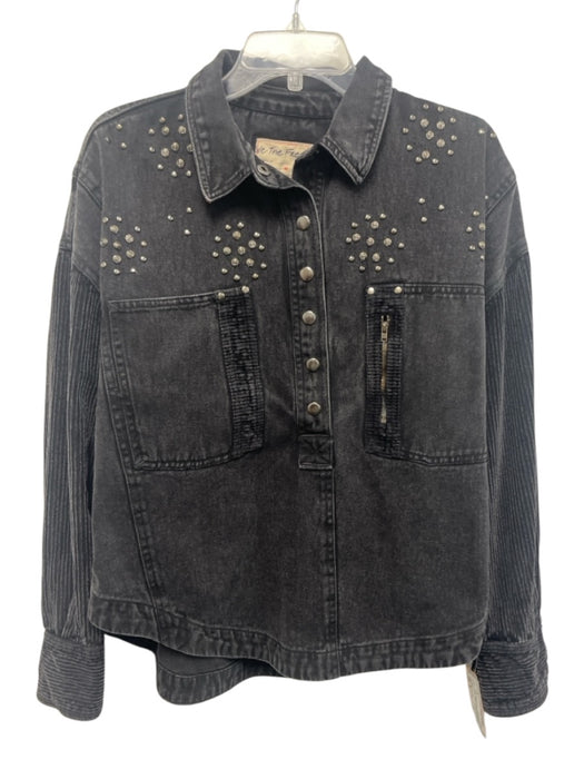 We The Free Size M Charcoal Gray Cotton Denim Corduroy 1/2 Button Studded Top Charcoal Gray / M