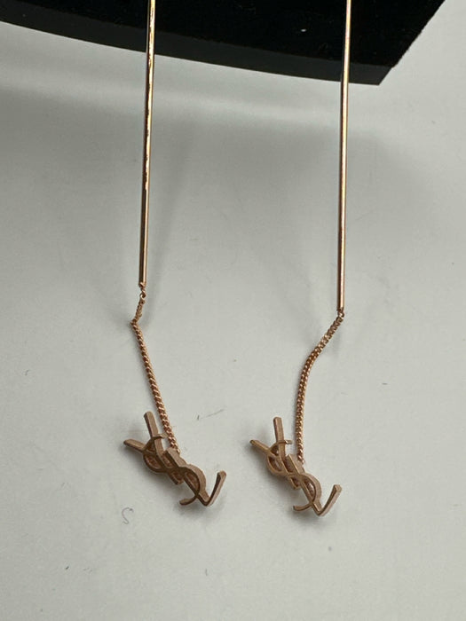 Saint Laurent Rose Gold Gold Tone Metal Bar Logo Micro Chain Earrings