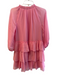Alice & Olivia Size S Pink Silk Ruffle Neck Tie Front V Neck Tiered Dress Pink / S
