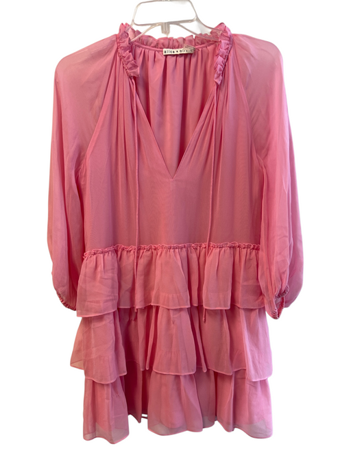 Alice & Olivia Size S Pink Silk Ruffle Neck Tie Front V Neck Tiered Dress Pink / S