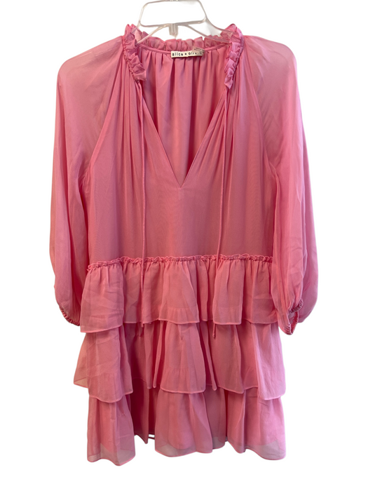 Alice & Olivia Size S Pink Silk Ruffle Neck Tie Front V Neck Tiered Dress Pink / S