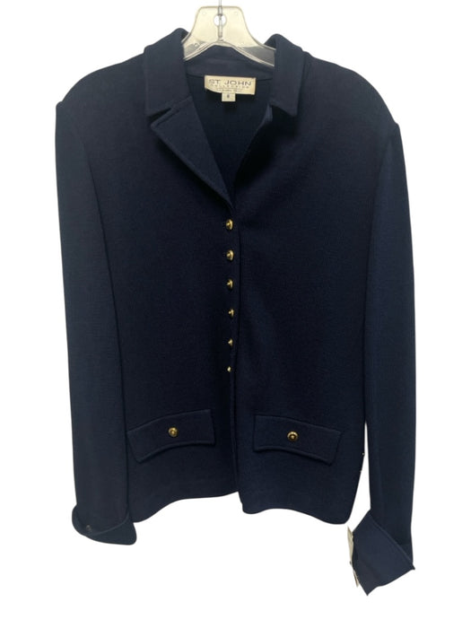 St John Collection Size 8 Navy Blue Wool & Rayon Gold Buttons Collar Jacket Navy Blue / 8