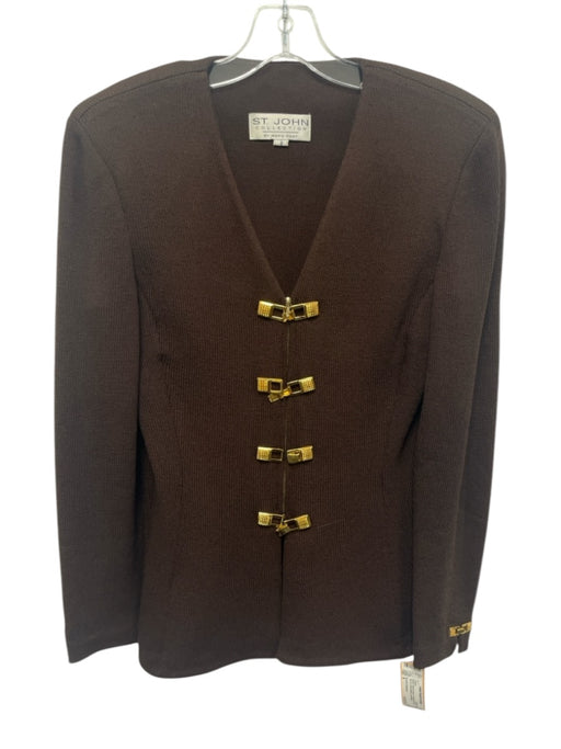 St John Collection Size 8 Brown Wool & Rayon Shoulder Pads Zip Up Jacket Brown / 8