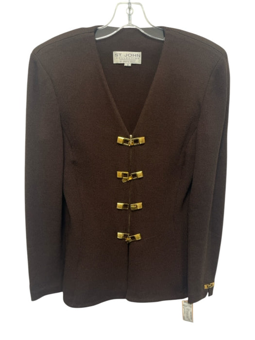 St John Collection Size 8 Brown Wool & Rayon Shoulder Pads Zip Up Jacket Brown / 8