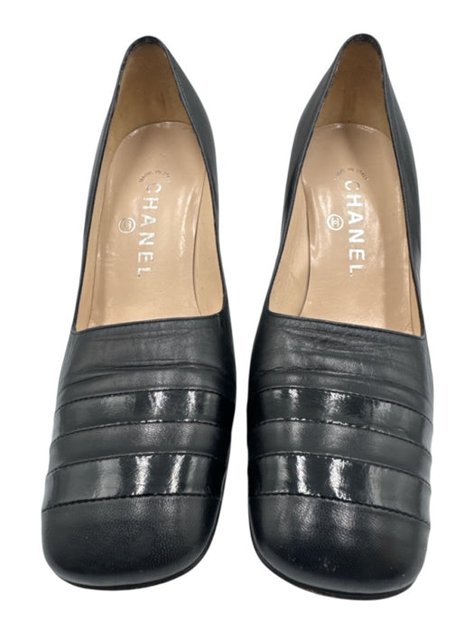Chanel Shoe Size 37.5 Black Leather Almond Square Toe Pumps Black / 37.5