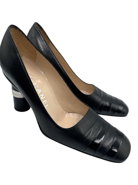 Chanel Shoe Size 37.5 Black Leather Almond Square Toe Pumps Black / 37.5
