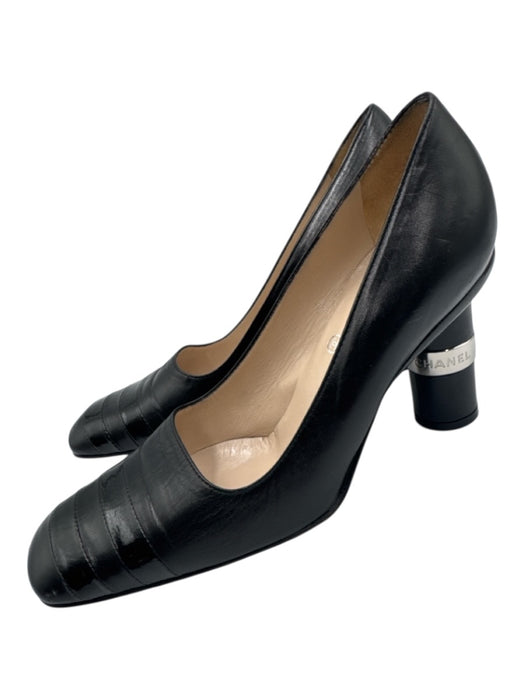 Chanel Shoe Size 37.5 Black Leather Almond Square Toe Pumps Black / 37.5