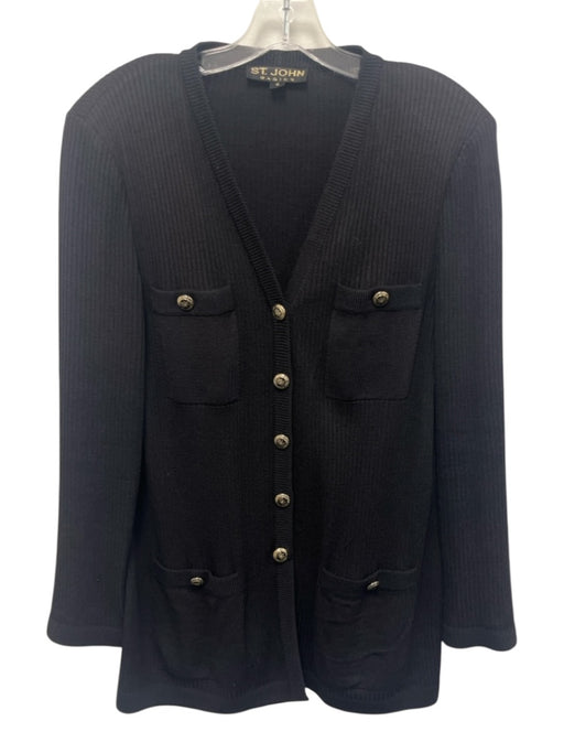 St John Basics Size 8 Midnight Black Wool & Rayon Shoulder Pads Knit Jacket Midnight Black / 8