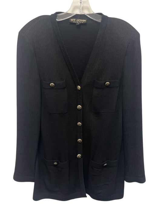 St John Basics Size 8 Midnight Black Wool & Rayon Shoulder Pads Knit Jacket Midnight Black / 8
