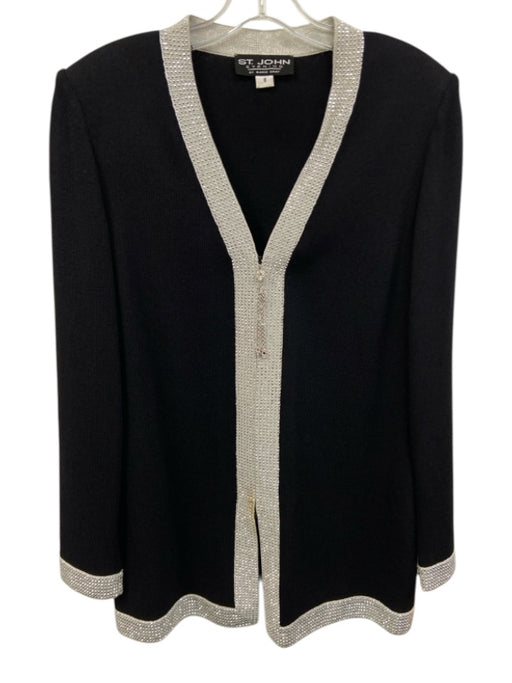 St John Evening Size 8 Black & Silver Wool & Rayon Rhinestone Zip Up Jacket Black & Silver / 8