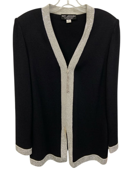 St John Evening Size 8 Black & Silver Wool & Rayon Rhinestone Zip Up Jacket Black & Silver / 8