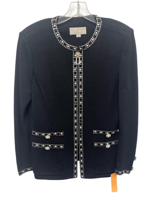 St John Evening Size 8 Black & Silver Wool & Rayon Faux Pearl Zip Up Skirt Set Black & Silver / 8