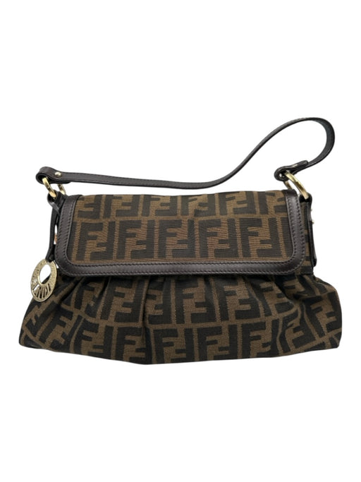 Fendi Brown & Tan Canvas Zucca Monogram Flap Shoulder Certified by Entrupy Bag Brown & Tan / Small