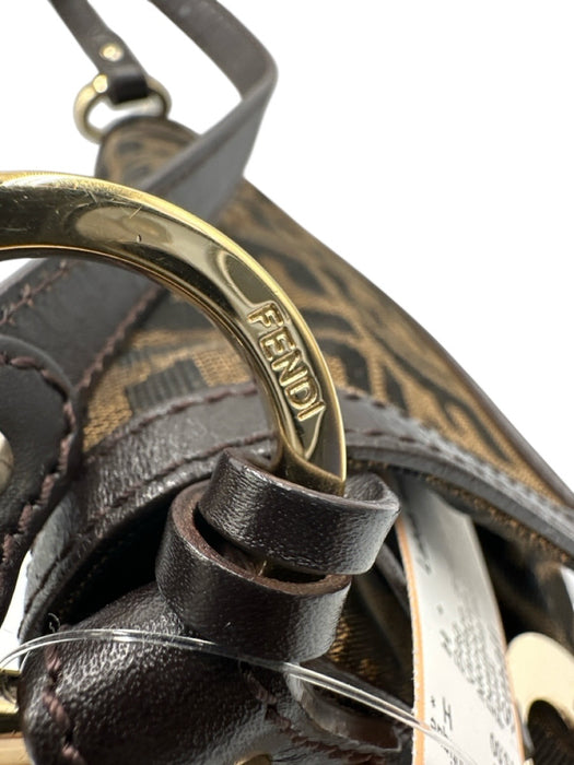 Fendi Brown & Tan Canvas Zucca Monogram Flap Shoulder Certified by Entrupy Bag Brown & Tan / Small