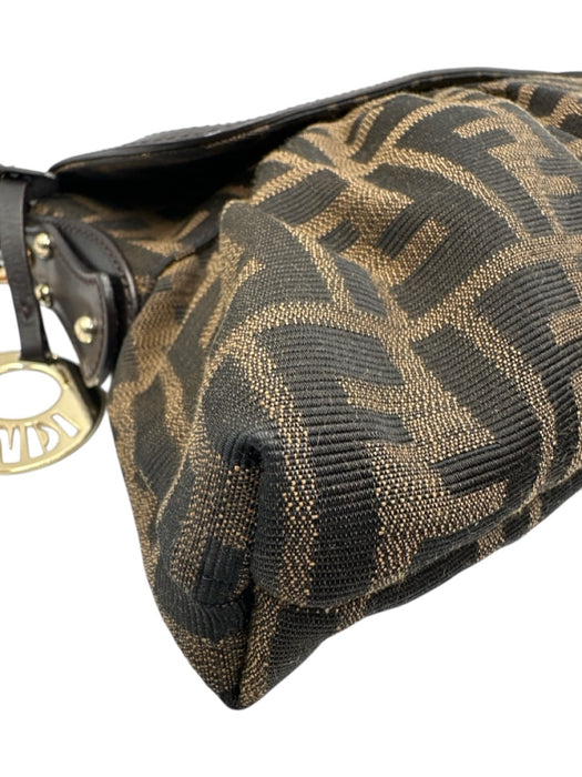 Fendi Brown & Tan Canvas Zucca Monogram Flap Shoulder Certified by Entrupy Bag Brown & Tan / Small